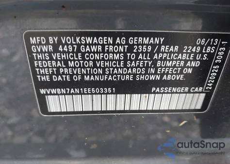 2014 Volkswagen Cc 2.0T Sport из США, поврежденный, VIN WVWBN7AN1EE503351